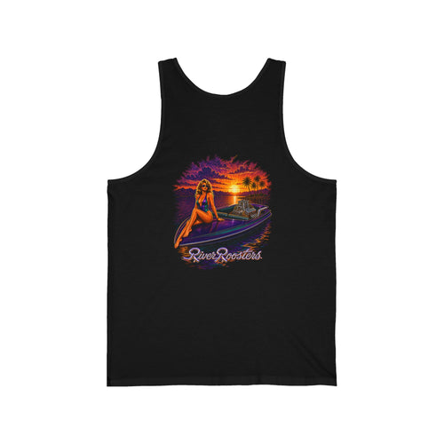 Jet Boat Tank in black, back print: the Jet Boat illustration printed across the back