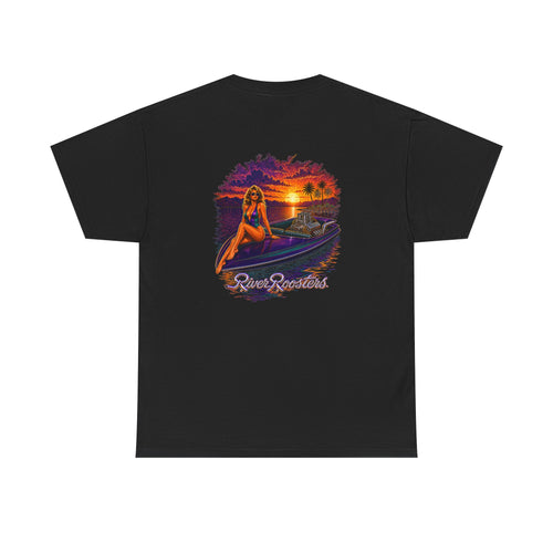 Jet Boat Tee in black, back print: the Jet Boat illustration printed across the back